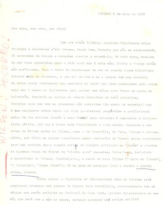 Carta de Vladimir Herzog para Alex Viany, 1 maio 1968